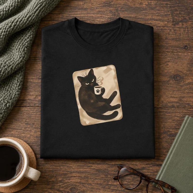 Grumpy Black Cat Coffee Break - Introvert Humor T-Shirt
